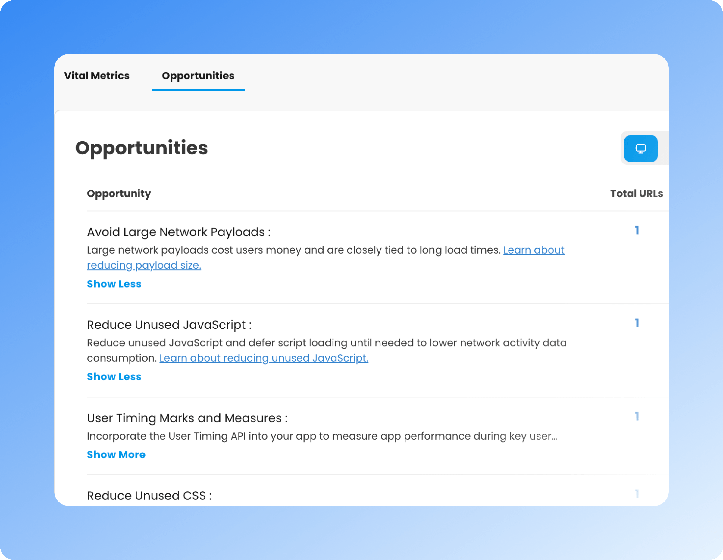 Page load time optimization opportunities ranked by performance impact
